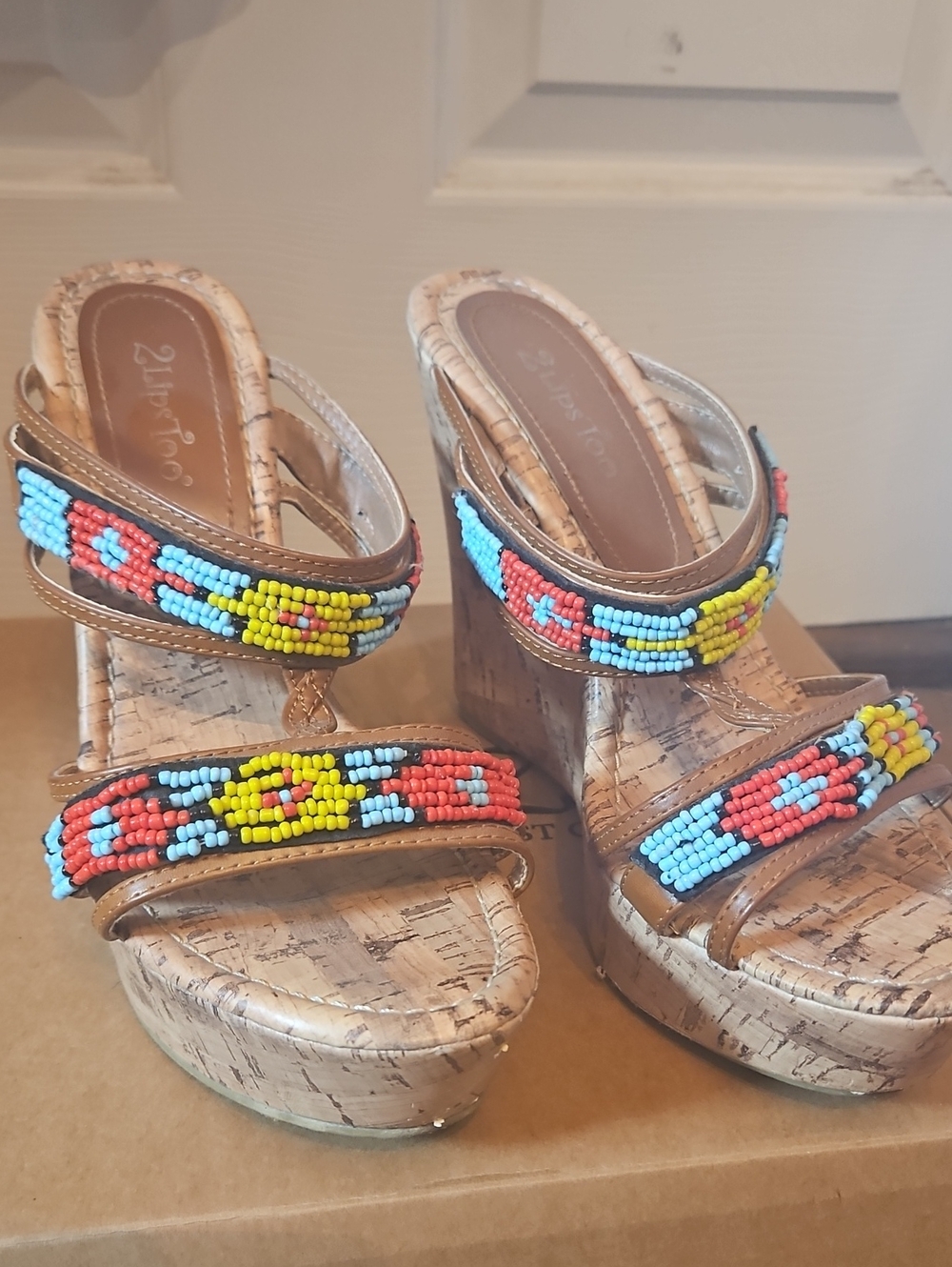 Beaded Cork Wedge Sandals - Multicolor